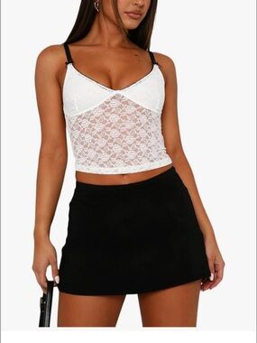 White Fox Boutique White Lace Sheer Cami Tank with Black Straps
